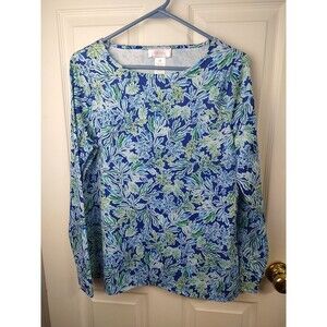 Stella Parker Womans M LS Blue Green Rash Guard Coral Print